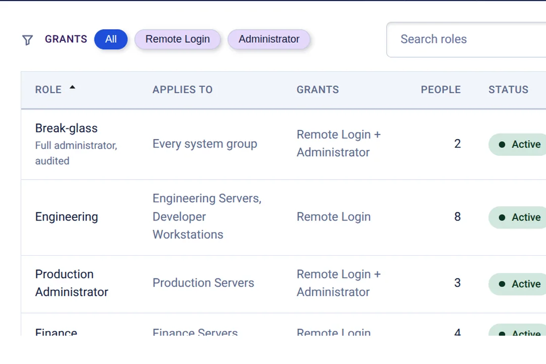 The Roles screen: what each job lets someone do